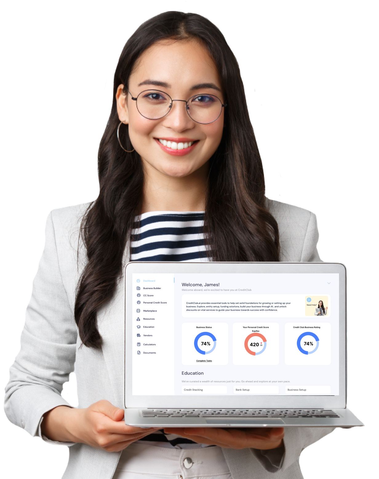 Virtual assistant holding a laptop.